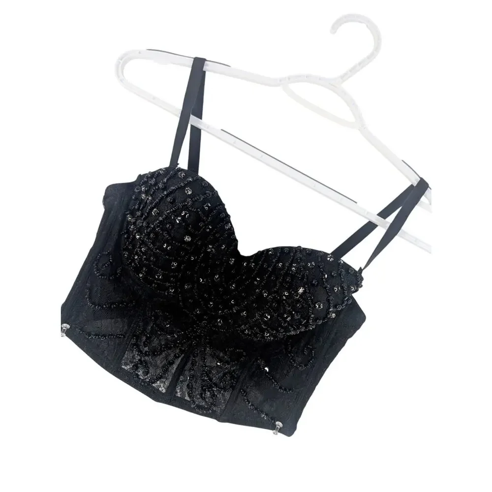 WINDSOR! DAZZLING BLACK BEAD, RHINESTONE & SEQUIN BUSTIER BRA TOP! SIZE XS